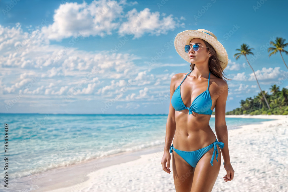 Beautiful woman in swimsuit and hat on tropical beach with palm trees