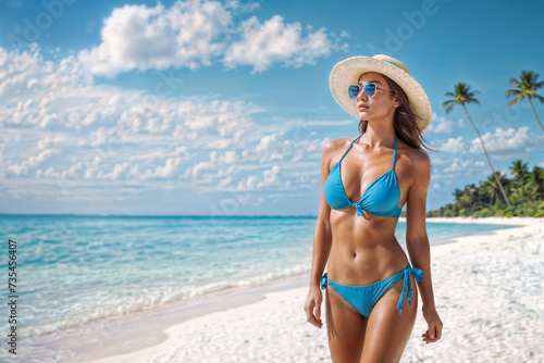 Beautiful woman in swimsuit and hat on tropical beach with palm trees