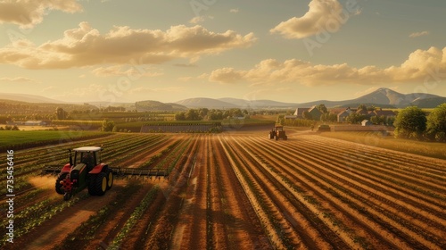 a tractor is cultivating a field to display modern technology with agricultural landscapes. spraying pesticides or attacking pests to demonstrate the effectiveness of modern farming methods.