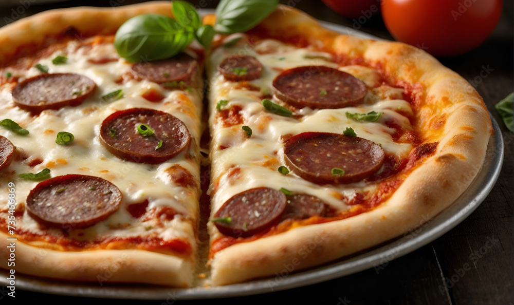 Pizza with sausage, herbs, spices and cheese Pizza with sausage, herbs, spices and cheese
