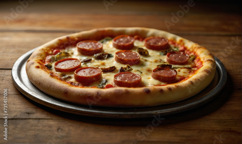 Pizza with sausage, herbs, spices and cheese