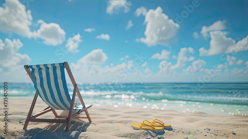 a lounge chair and flip-flops are in the foreground, allowing the beach in the background and blue sky to add depth and context. © Светлана Канунникова