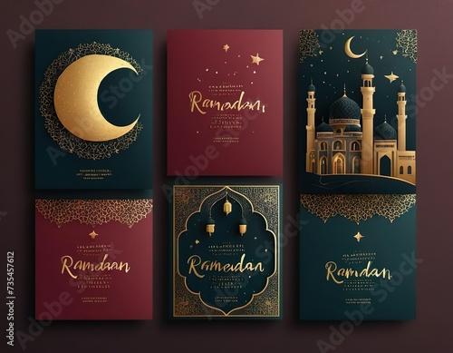 Ramadan Kareem greeting cards set. Ramadan islamic holiday invitations templates collection with gold crescent moon, hand drawn lettering and mosque. Vector illustration.