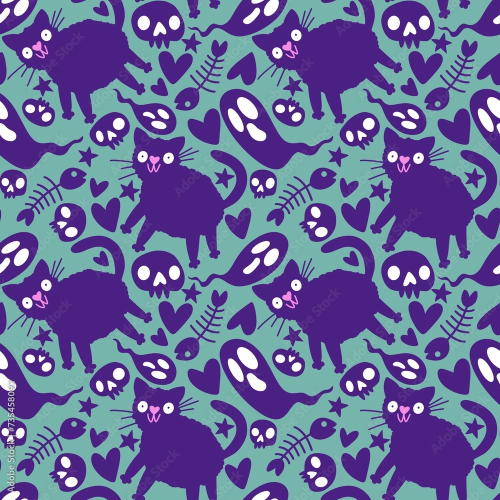 Halloween animals monsters seamless cats pattern for wrapping paper and fabrics and linens and kids clothes print