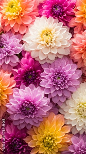 Vertical image of colorful flowers background close-up. dahlia flower. wallpaper © Pelayo