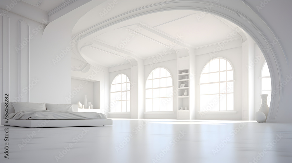 White vacant room with wide windows and wooden floor loft model home or office void quality photo,,
Large windows and a room painted a bright cheerful white decorative frames for walls
