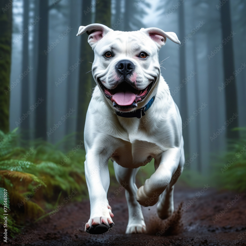 American bulldog walks or runs across the foggy forest. Happy american bulldog, low angle shot, front view. American bulldog walks or runs across the foggy forest. Happy american bulldog, low angle shot, front view.
