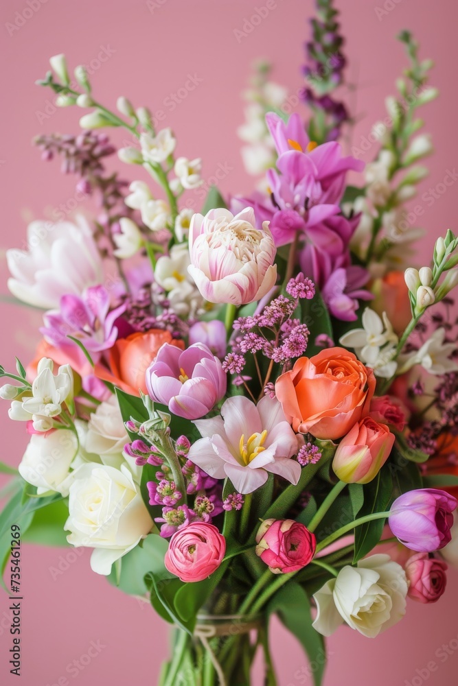 Elegant spring bouquet with tulips, roses, and lilies. Fresh and colorful floral bouquet with diverse spring blooms