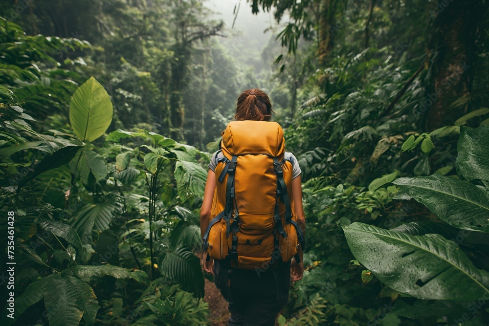 Adventure travel: backpacker in dense jungle