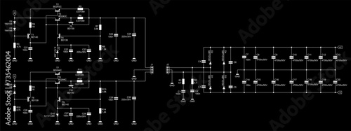 Engineer scheme of electronic device. 
Vector drawing electrical circuit with 
resistor, capacitor, diode, transistor 
and other components.
Schematic background on paper sheet.
