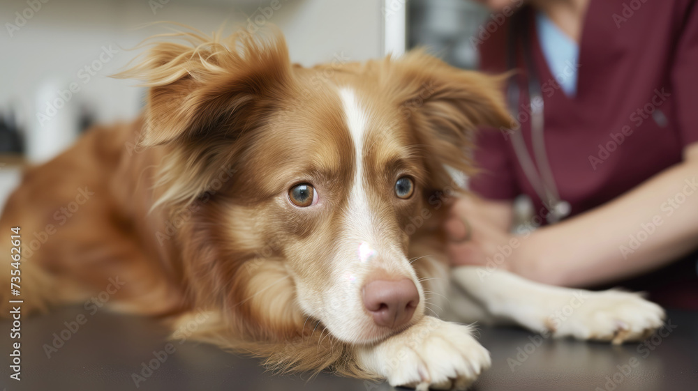 Redhead herding dog with sore paw at a veterinarian's inspection laying on the table and afraid doctor in a medical gown in the background Redhead herding dog with sore paw at a veterinarian's inspection laying on the table and afraid doctor in a medical gown in the background