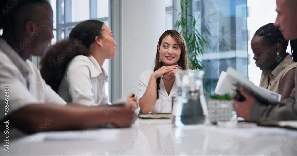 Woman, paperwork or business people in meeting for accounting, report or growth discussion. Brainstorming, teamwork or group of workers speaking of portfolio, planning or talking with audit documents Woman, paperwork or business people in meeting for accounting, report or growth discussion. Brainstorming, teamwork or group of workers speaking of portfolio, planning or talking with audit documents