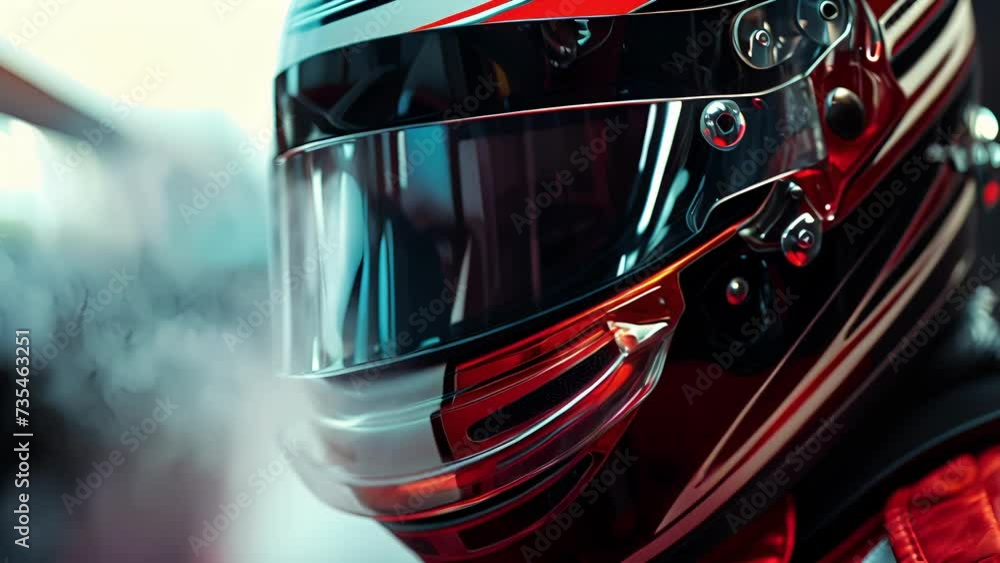 A closeup of a drag racers helmet as they lower their visor their eyes focused and determined. A closeup of a drag racers helmet as they lower their visor their eyes focused and determined.