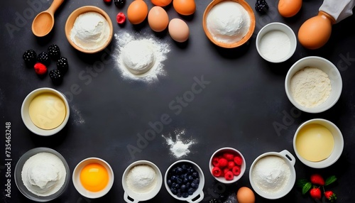 Baking utensils and cooking ingredients for tarts, cookies, dough and pastry. Flat lay with eggs, flour, sugar, berries.Top view, mockup for recipe, culinary classes, cooking blog with copy space area photo