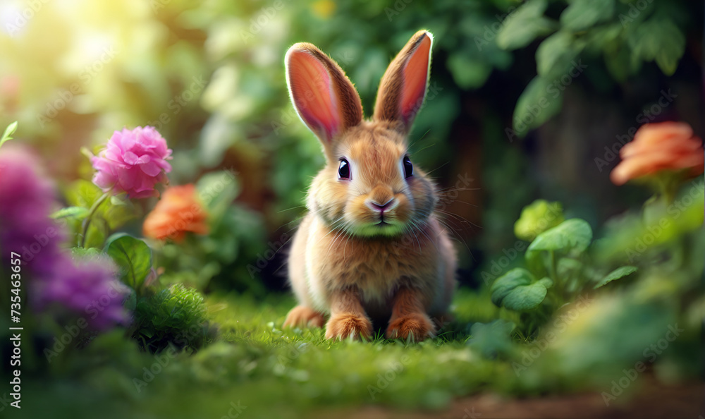 A rabbit in the garden among flowers and green shrubs A rabbit in the garden among flowers and green shrubs