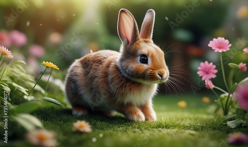 A rabbit in the garden among flowers and green shrubs