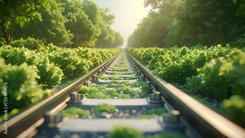 A railway track surrounded by greenery symbolizing the benefits of utilizing trains for transportation over trucks or planes in terms of cost and environmental impact. photo