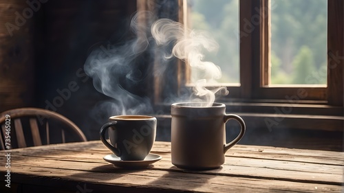 The steam rising from a heart shaped coffee mug on a rustic wooden table by the window