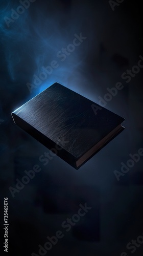 Illustration of a modern and elegant black book hovering in the air for graphic art. Book floating in the air in modern minimalist style with dramatic lighting.