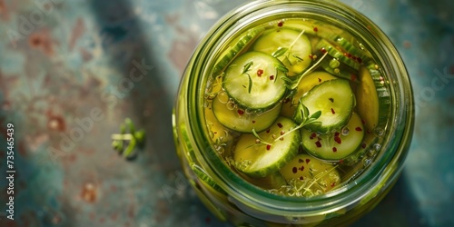 Open glass jar of pickles. Canned vegetables concept banner with copy space