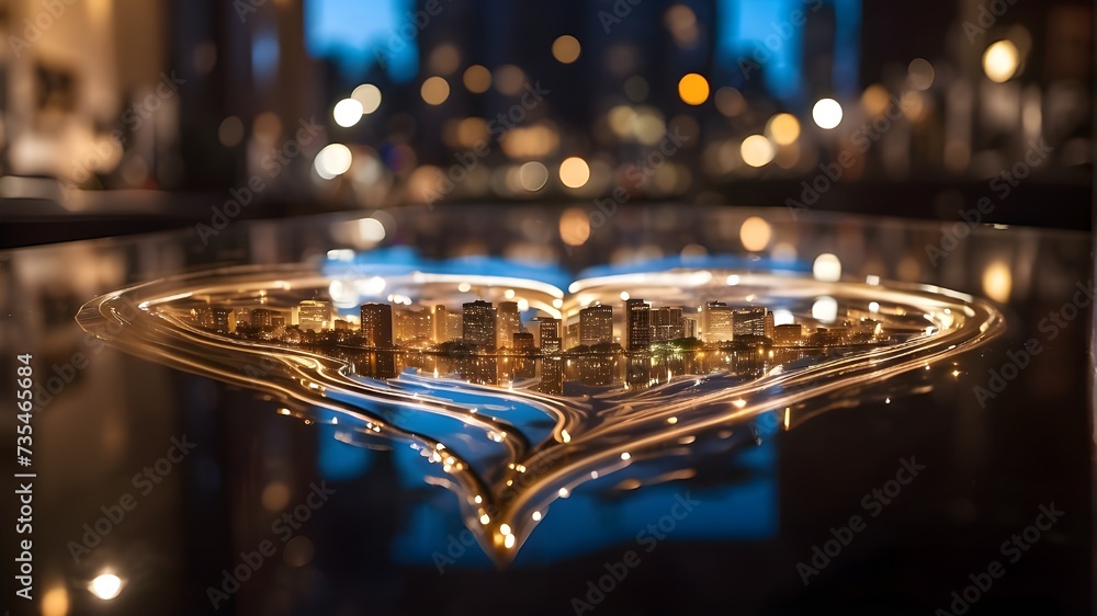 Reflection of city lights dancing on the surface of a coffee, heart shaped latte art visible Reflection of city lights dancing on the surface of a coffee, heart shaped latte art visible