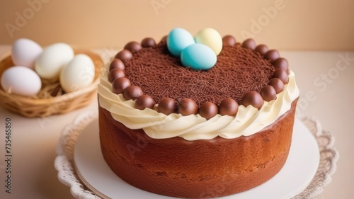 Easter cake with chocolate icing and eggs in a cozy atmosphere.Easter concept