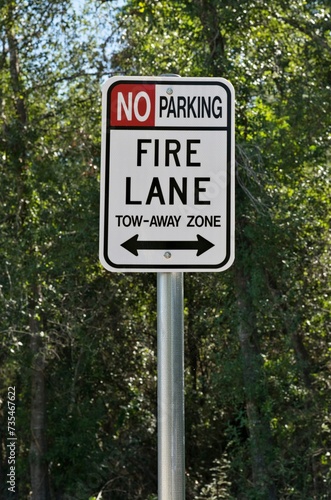 Fire Lane and no parking sign closeup isolated with a backdrop of tree canopy.