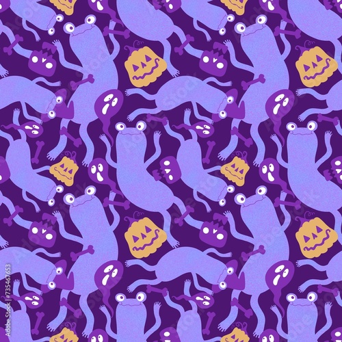 Fototapeta Naklejka Na Ścianę i Meble -  Halloween animals seamless frogs and pumpkins and ghost and skulls pattern for wrapping paper and fabrics