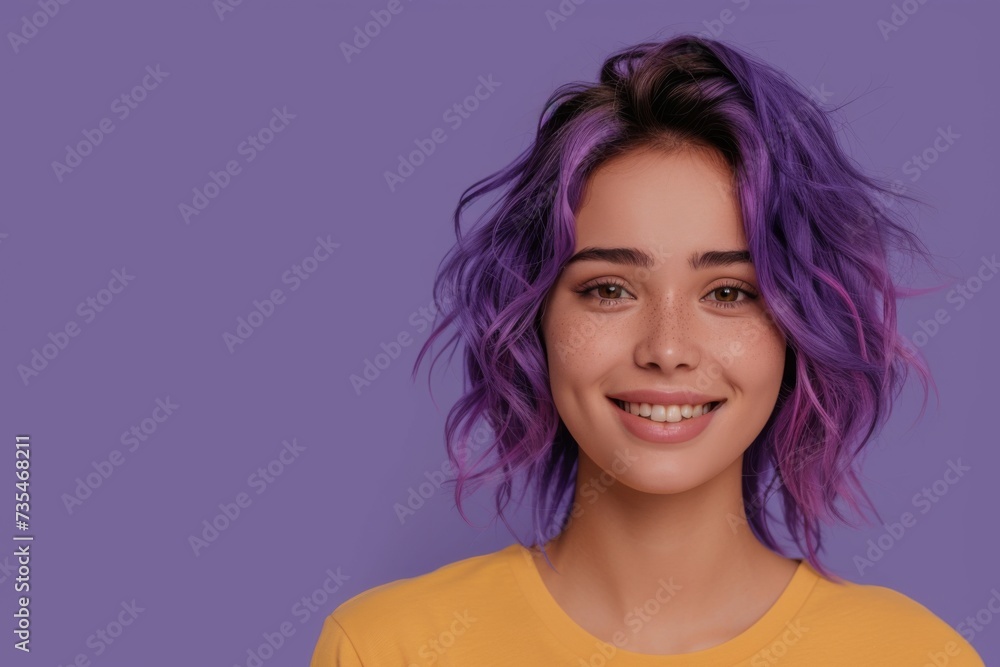 Vibrant Portrait of a Cheerful Happy Smiling Young Caucasian Woman with Colorful Hair Isolated on Light Purple Background. Generative AI.
Vibrant Portrait of a Cheerful Happy Smiling Young Caucasian Woman with Colorful Hair Isolated on Light Purple Background. Generative AI.