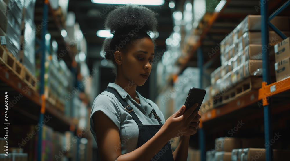 Fototapeta premium Female entrepreneur checking a text on her mobile phone, organizing logistics for product delivery in her stockroom, and managing an e-retail venture