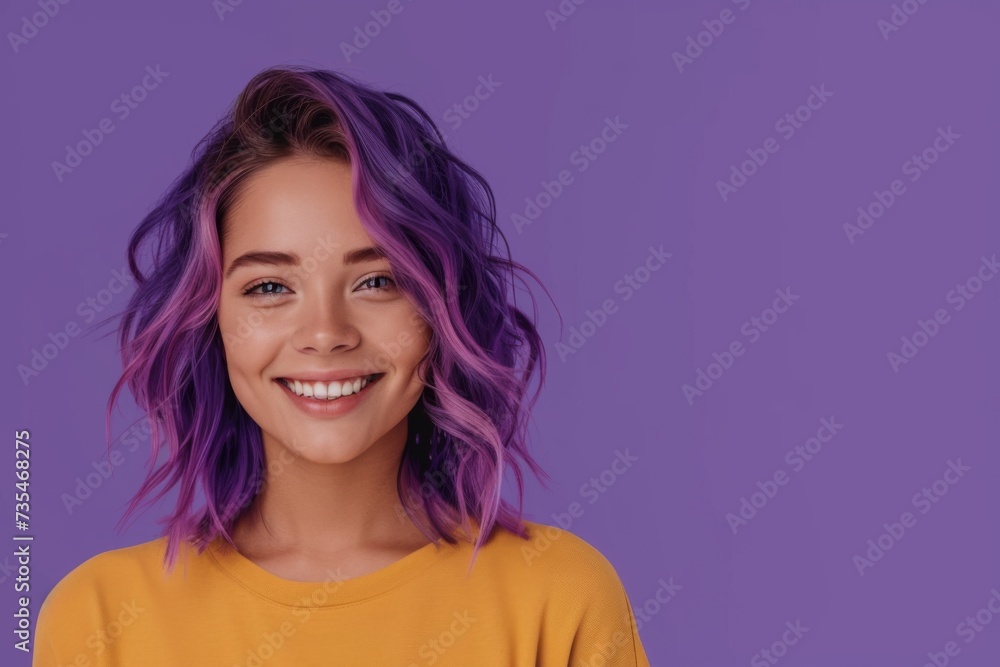 Vibrant Portrait of a Cheerful Happy Smiling Young Caucasian Woman with Colorful Hair Isolated on Light Purple Background. Generative AI.
Vibrant Portrait of a Cheerful Happy Smiling Young Caucasian Woman with Colorful Hair Isolated on Light Purple Background. Generative AI.