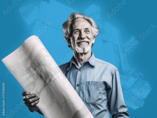 Experienced Architect with Blueprints on Construction Background, Middle age monochrome image on blue background