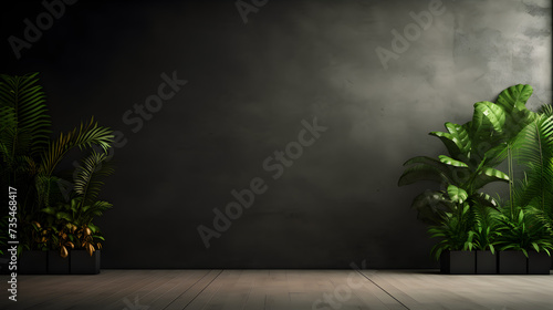 A room with plants and a wall that says quot potted plants quot,,Empty modern interior dark office wall background front view Ai generated Free Photo