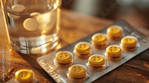 Pill blister, the pills are yellow with smiling faces, on table next to a glass of water. © Marcela Ruty Romero