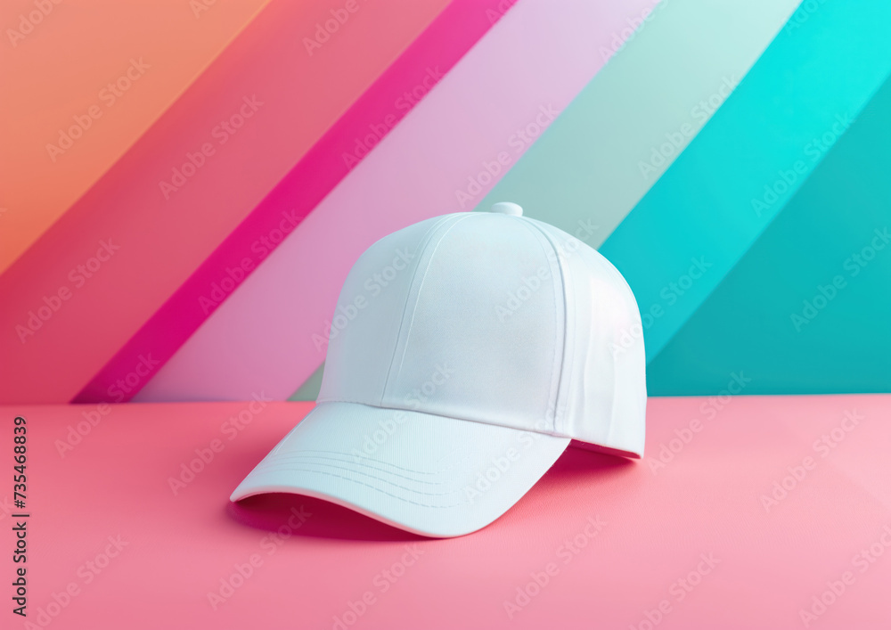 Fototapeta premium Advertising shot of white fabric sport, denim, every day, tennis head cap laying on pink surface with colorful background