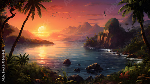 Beautiful color island sunset original painting wallpaper image ,, Happy Valentine's Day Background Pro Vector
