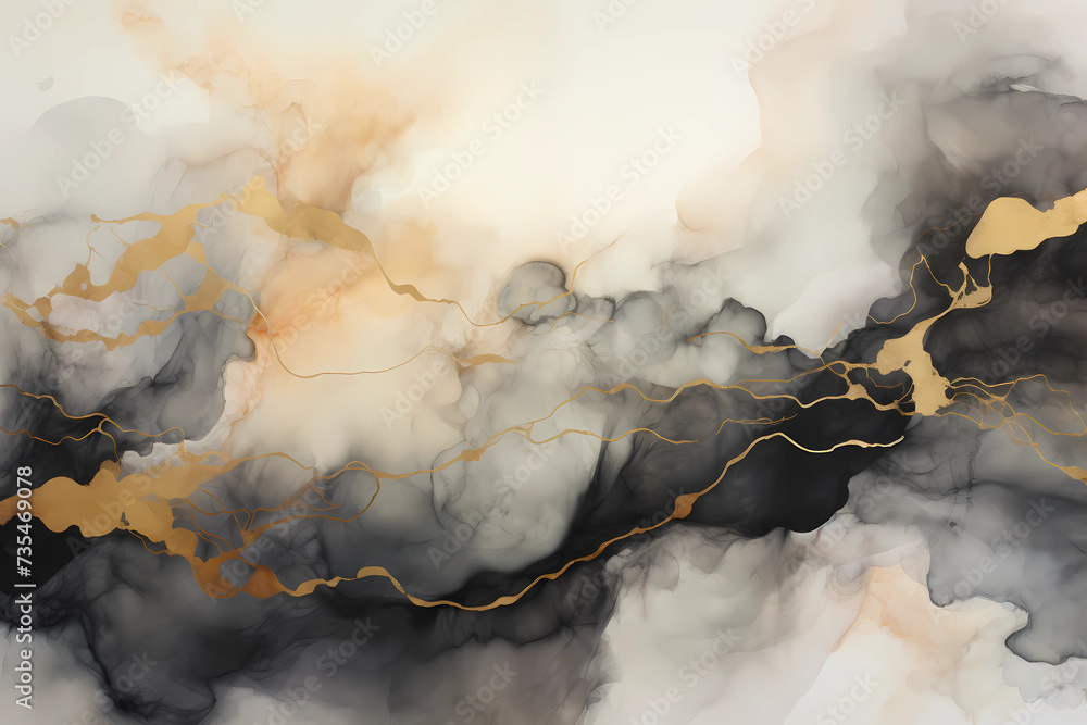 Premium Background. Painting with gold, black and white marble, in the style of cloudscapes, paint application technique, photography, soft watercolor. Luxe artistic for flyer, poster, notebook. - obrazy, fototapety, plakaty 