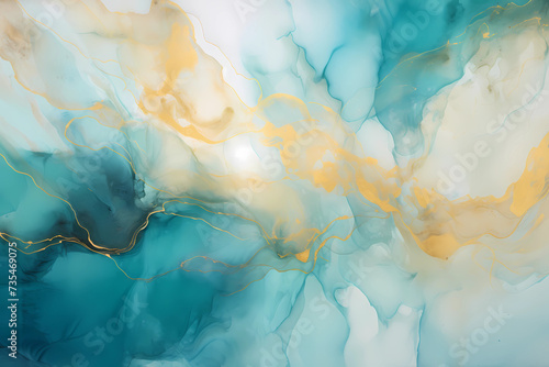 Premium Background. Painting with gold, black and blue marble, in the style of cloudscapes, paint application technique, photography, soft watercolor. Luxe artistic for flyer, poster, notebook.