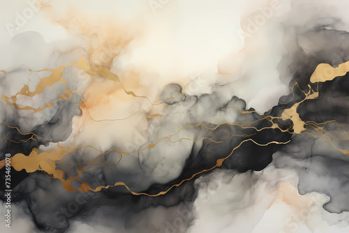 Premium Background. Painting with gold, black and white marble, in the style of cloudscapes, paint application technique, photography, soft watercolor. Luxe artistic for flyer, poster, notebook.