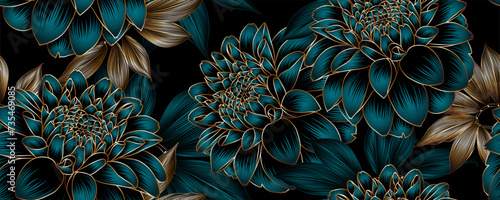 Vintage luxurious seamless pattern with golden flowers dahlia and leaves.