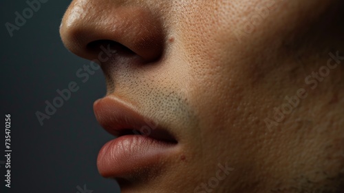 A striking closeup of a person's face reveals the intricate details of their skin, from their soft cheek and defined jawline to the fluttering eyelashes and delicate lip, while the forehead and chin 