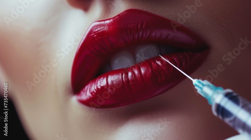 A seductive red pout, adorned with glossy lipstick, framed by long lashes and flawless skin, invites us into the intimate world of cosmetics and oral hygiene