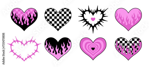 Y2k pink heart stickers. Neo tribal set. Hand drawn vector illustration. Retro sticker collection. Stylised heart prints.