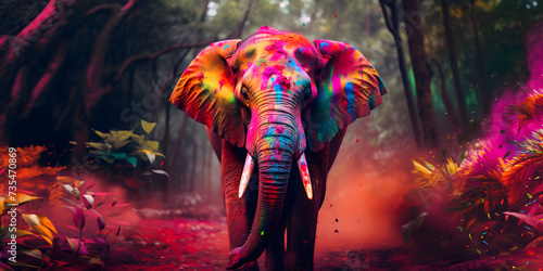 elephant in holi colors against bright colorful jungle background, multicolored explosions of holi colors, holi festival