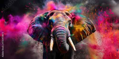elephant in holi colors against bright colors background, multicolored explosions of holi colors, holi festival © Svitlana Sylenko