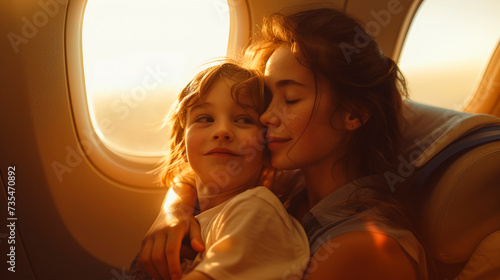 mother embracing her son, sharing maternal love and affection together during a flight, enjoying vacation and tourism