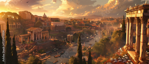 Ancient Rome at sunset, aerial view of buildings and river in summer. Beautiful sunny panorama of historical city houses and sky. Concept of Roman Empire, antique, travel, background.
