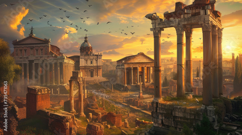 Ancient Rome at sunset, scenery of buildings and ruins in summer. Beautiful sunny panorama of historical city houses, sun and sky. Concept of Roman Empire, antique, painting, background.