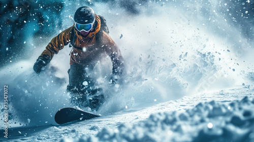 Snowboarder moves on ski slope spraying powder on snow background, person in mask rides snowboard in winter. Concept of sport, extreme, speed, downhill, splash