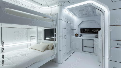Room with bunk bed and kitchen area in spaceship, interior design of starship. Living compartment for crew or passengers in futuristic spacecraft. Concept of space, technology, future © Natalya